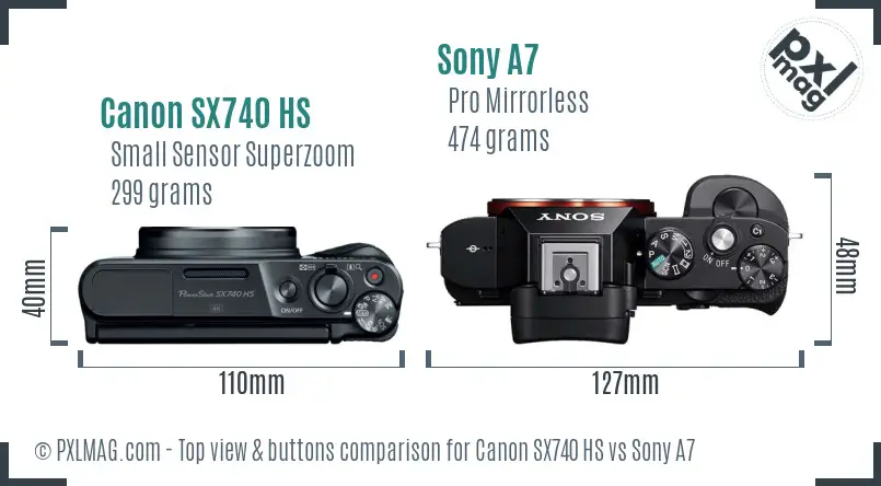 Canon SX740 HS vs Sony A7 top view buttons comparison