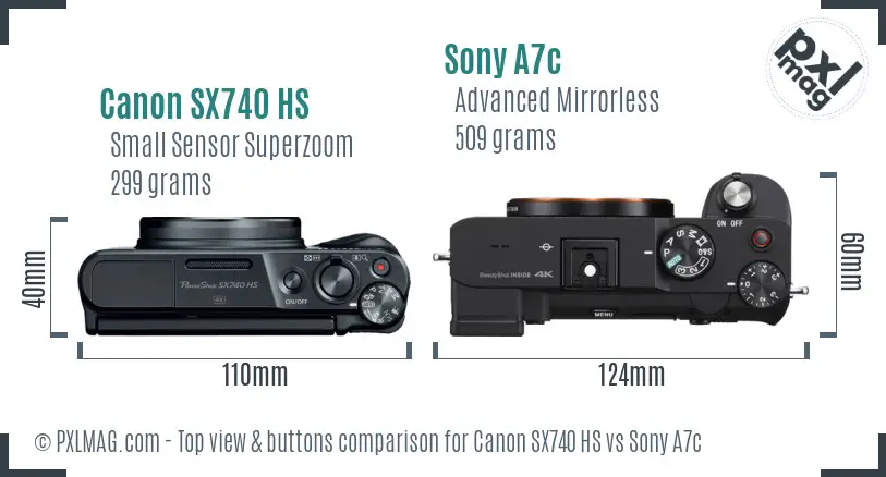 Canon SX740 HS vs Sony A7c top view buttons comparison Canon SX740 HS vs Sony A7c top view buttons comparison