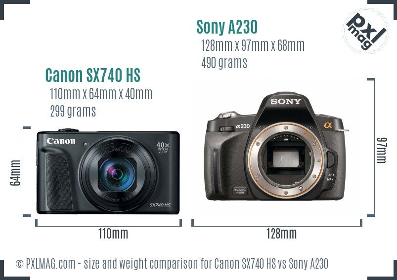 Canon SX740 HS vs Sony A230 size comparison