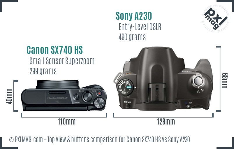 Canon SX740 HS vs Sony A230 top view buttons comparison