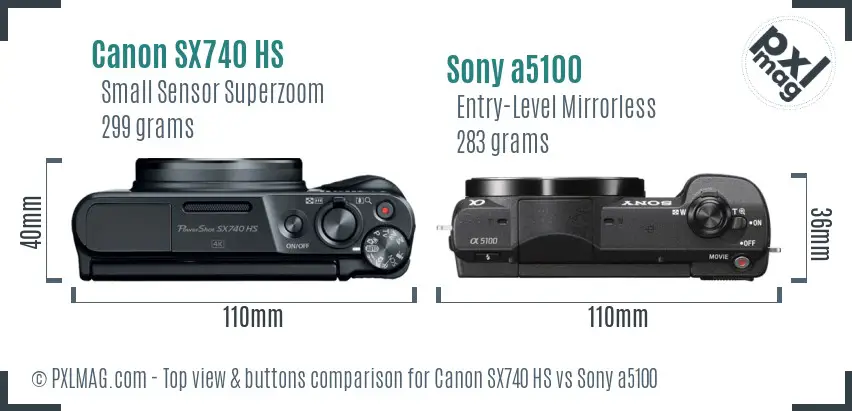 Canon SX740 HS vs Sony a5100 top view buttons comparison Canon SX740 HS vs Sony a5100 top view buttons comparison
