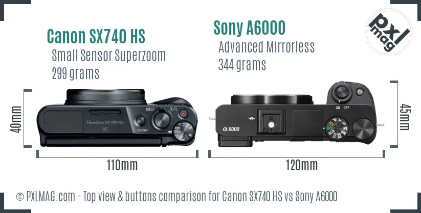 Canon SX740 HS vs Sony A6000 top view buttons comparison