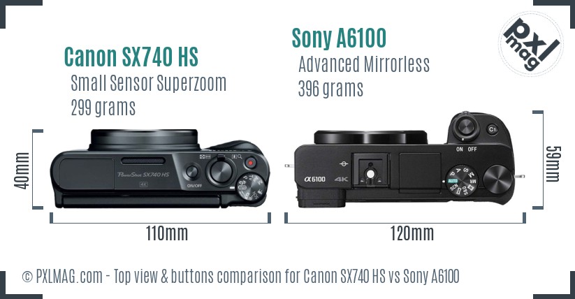 Canon SX740 HS vs Sony A6100 top view buttons comparison