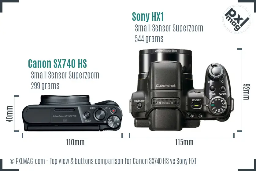 Canon SX740 HS vs Sony HX1 top view buttons comparison