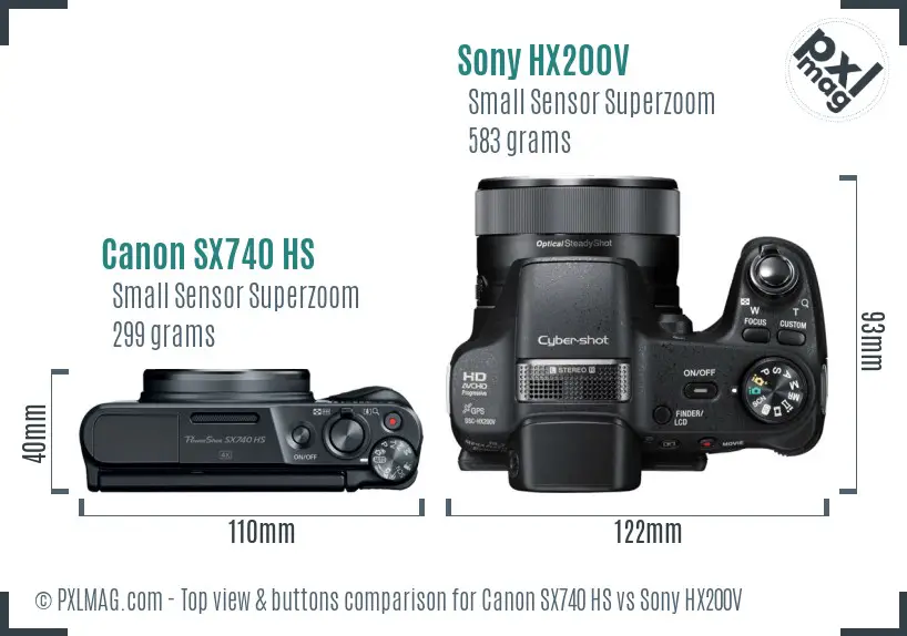 Canon SX740 HS vs Sony HX200V top view buttons comparison