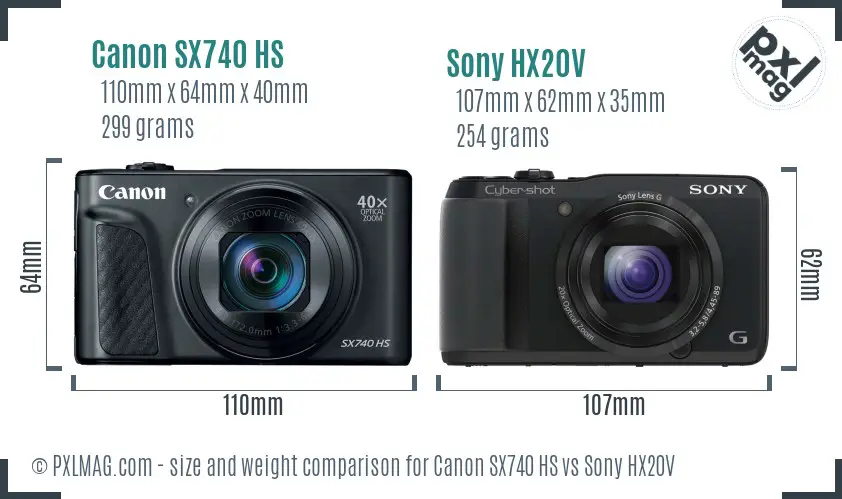 Canon SX740 HS vs Sony HX20V size comparison
