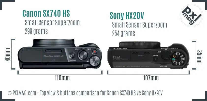 Canon SX740 HS vs Sony HX20V top view buttons comparison