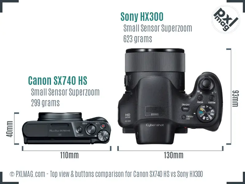 Canon SX740 HS vs Sony HX300 top view buttons comparison
