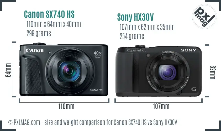 Canon SX740 HS vs Sony HX30V size comparison