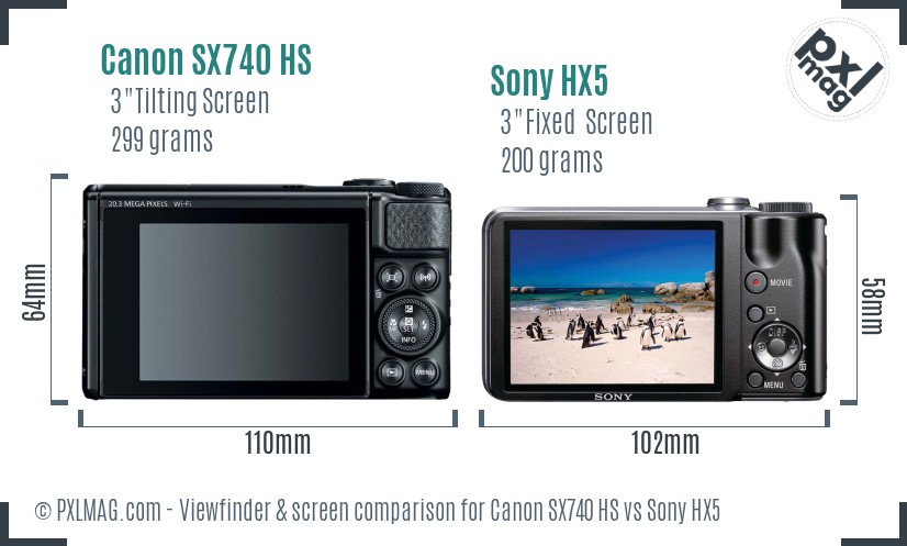 Canon SX740 HS vs Sony HX5 Screen and Viewfinder comparison