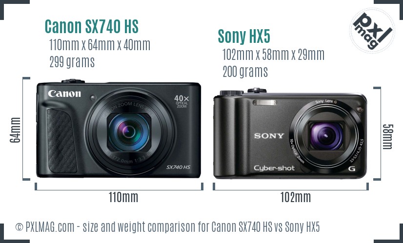 Canon SX740 HS vs Sony HX5 size comparison