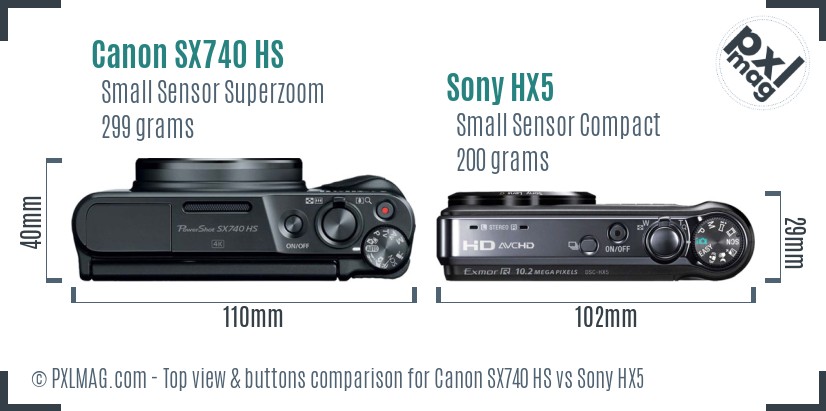 Canon SX740 HS vs Sony HX5 top view buttons comparison