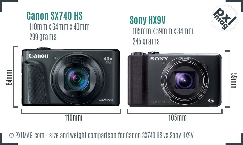 Canon SX740 HS vs Sony HX9V size comparison