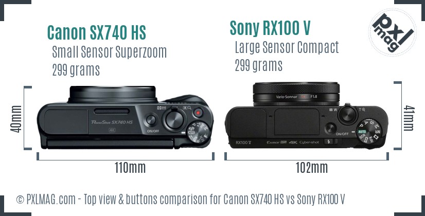 Canon SX740 HS vs Sony RX100 V top view buttons comparison