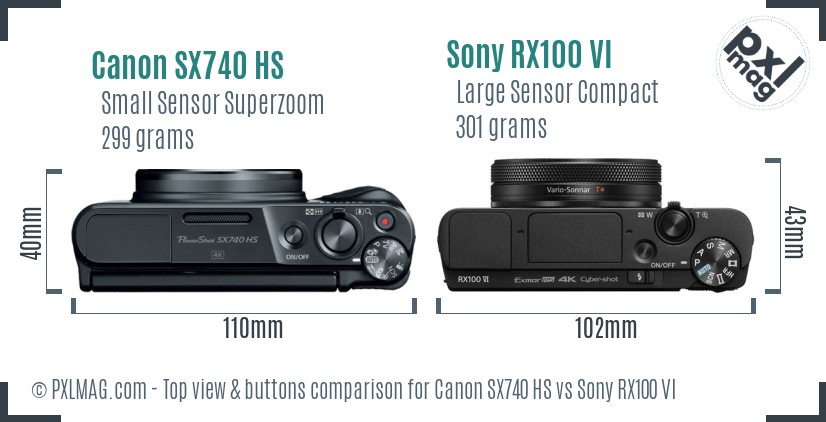 Canon SX740 HS vs Sony RX100 VI top view buttons comparison