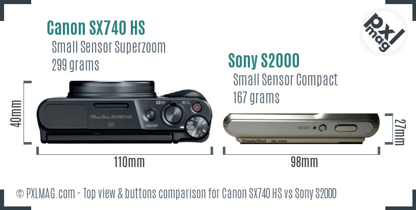 Canon SX740 HS vs Sony S2000 top view buttons comparison