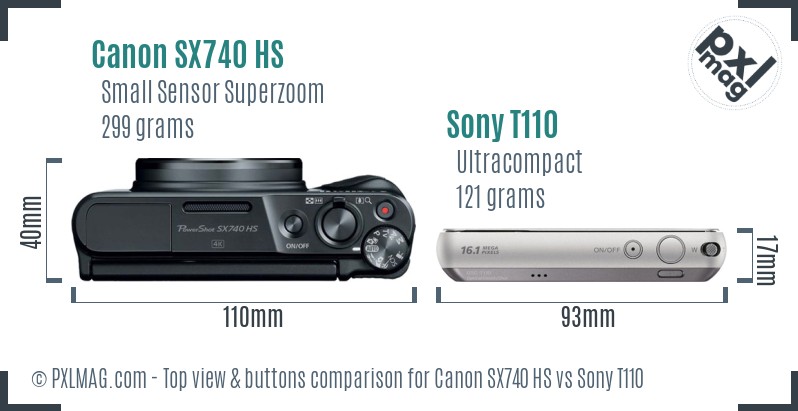 Canon SX740 HS vs Sony T110 top view buttons comparison