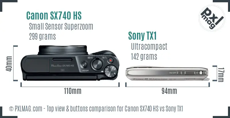 Canon SX740 HS vs Sony TX1 top view buttons comparison
