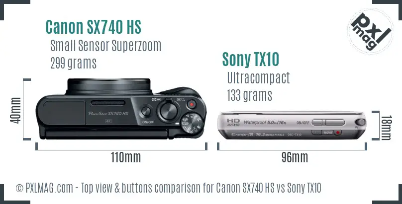 Canon SX740 HS vs Sony TX10 top view buttons comparison
