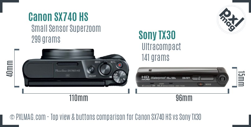 Canon SX740 HS vs Sony TX30 top view buttons comparison