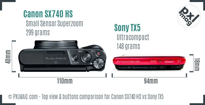 Canon SX740 HS vs Sony TX5 top view buttons comparison Canon SX740 HS vs Sony TX5 top view buttons comparison