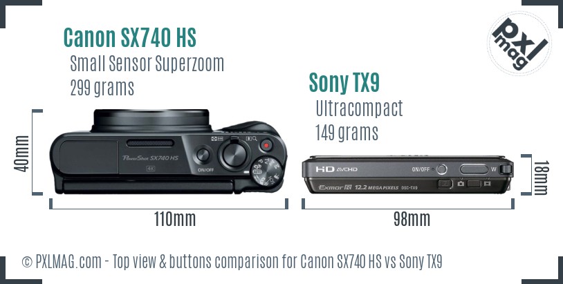 Canon SX740 HS vs Sony TX9 top view buttons comparison