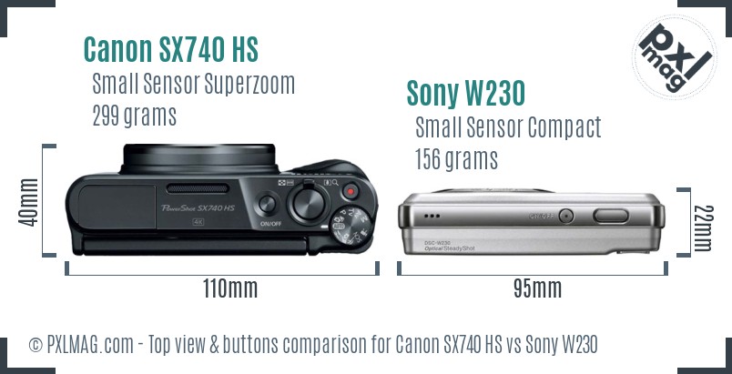 Canon SX740 HS vs Sony W230 top view buttons comparison