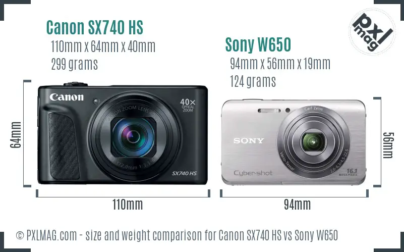 Canon SX740 HS vs Sony W650 size comparison