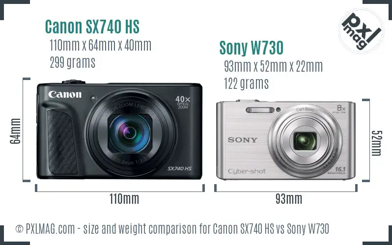 Canon SX740 HS vs Sony W730 size comparison