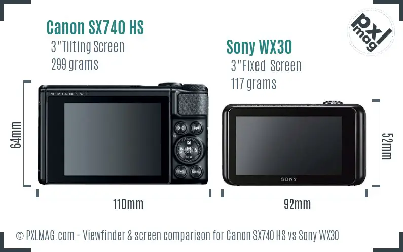 Canon SX740 HS vs Sony WX30 Screen and Viewfinder comparison