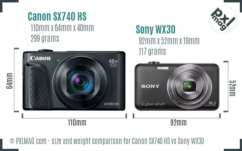 Canon SX740 HS vs Sony WX30 size comparison