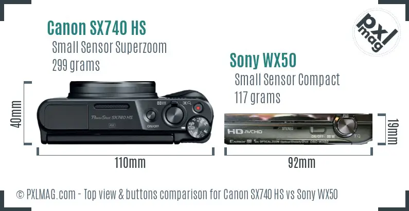 Canon SX740 HS vs Sony WX50 top view buttons comparison