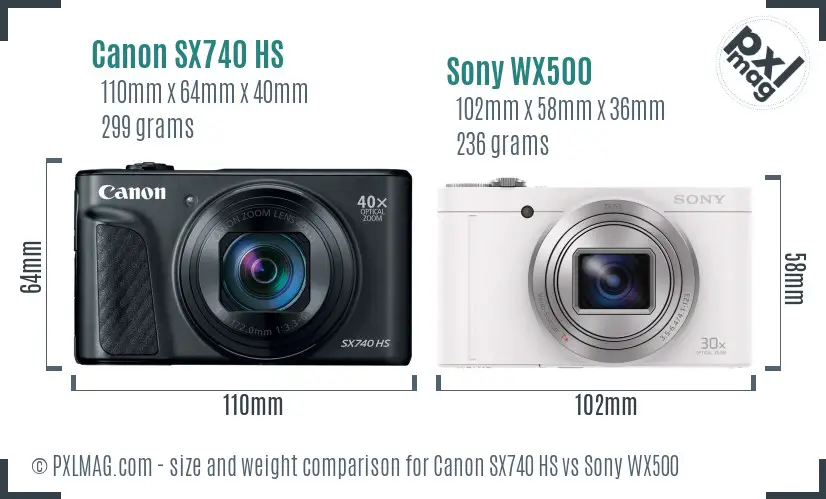 Canon SX740 HS vs Sony WX500 size comparison