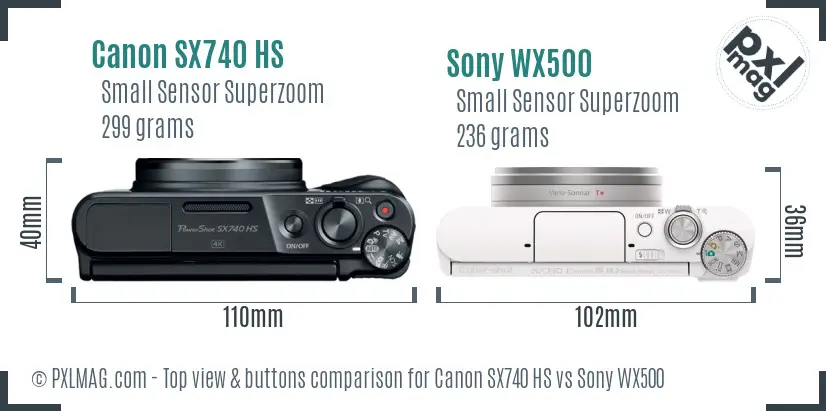 Canon SX740 HS vs Sony WX500 top view buttons comparison