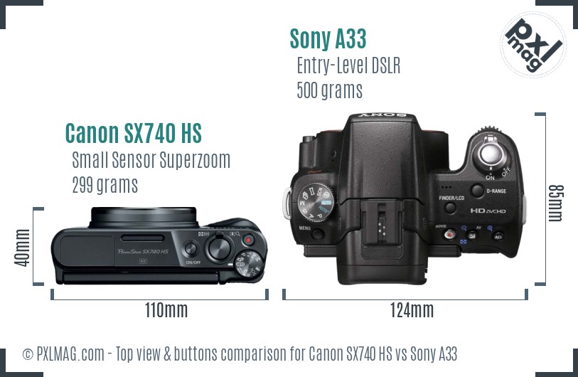 Canon SX740 HS vs Sony A33 top view buttons comparison