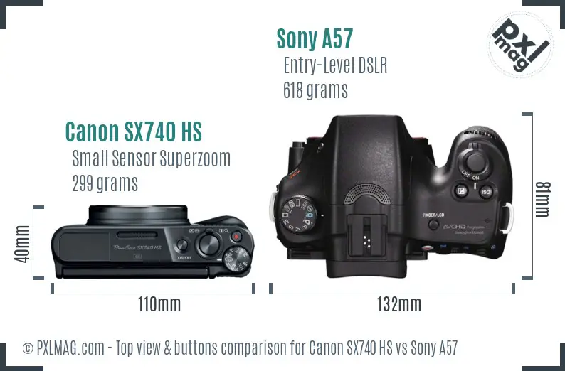 Canon SX740 HS vs Sony A57 top view buttons comparison