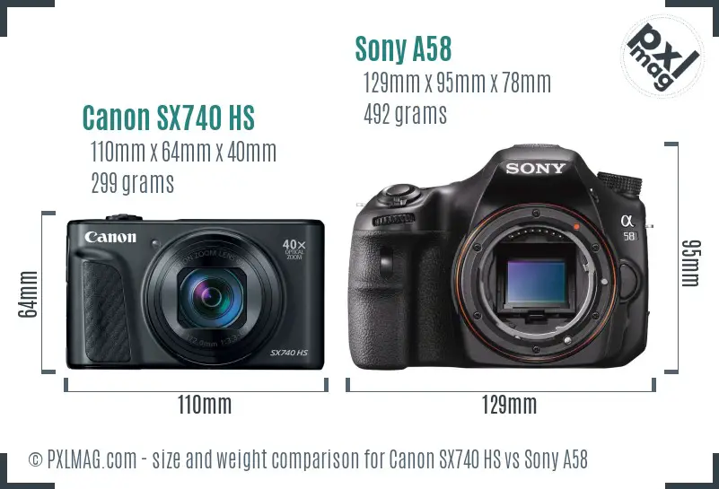 Canon SX740 HS vs Sony A58 size comparison