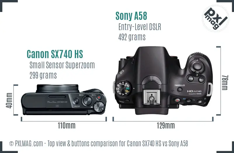 Canon SX740 HS vs Sony A58 top view buttons comparison