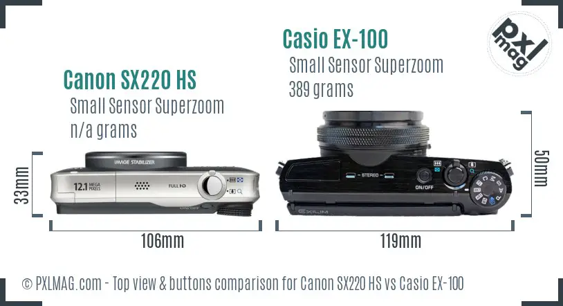 Canon SX220 HS vs Casio EX-100 top view buttons comparison