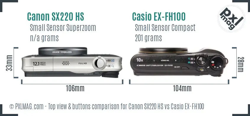 Canon SX220 HS vs Casio EX-FH100 top view buttons comparison