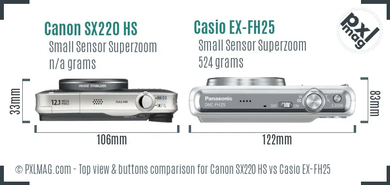 Canon SX220 HS vs Casio EX-FH25 top view buttons comparison Canon SX220 HS vs Casio EX-FH25 top view buttons comparison