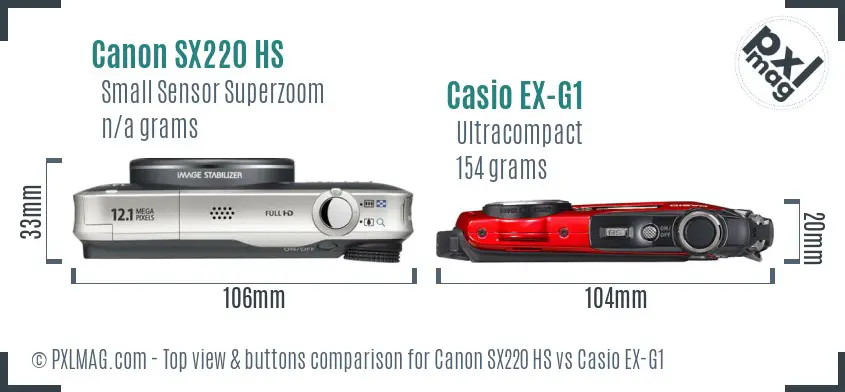 Canon SX220 HS vs Casio EX-G1 top view buttons comparison Canon SX220 HS vs Casio EX-G1 top view buttons comparison