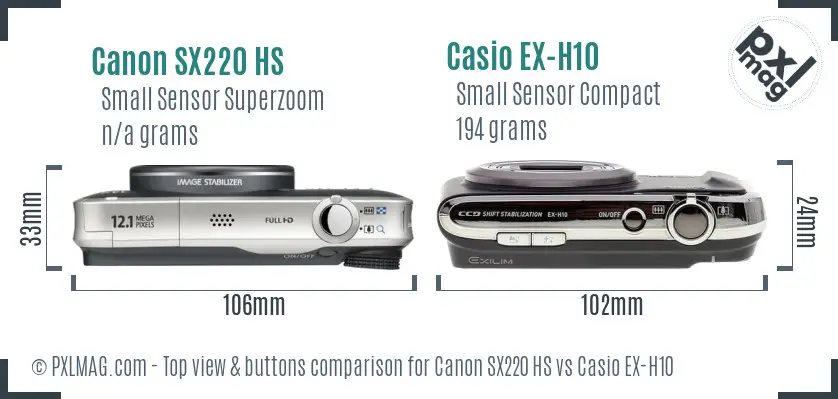 Canon SX220 HS vs Casio EX-H10 top view buttons comparison
