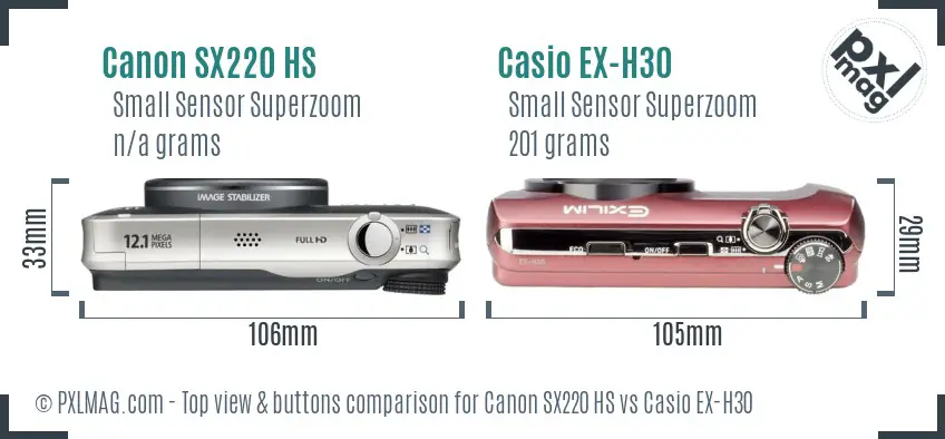 Canon SX220 HS vs Casio EX-H30 top view buttons comparison
