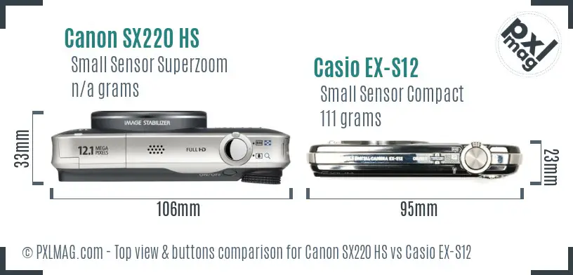 Canon SX220 HS vs Casio EX-S12 top view buttons comparison Canon SX220 HS vs Casio EX-S12 top view buttons comparison