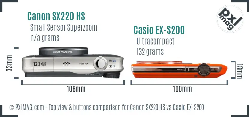Canon SX220 HS vs Casio EX-S200 top view buttons comparison Canon SX220 HS vs Casio EX-S200 top view buttons comparison