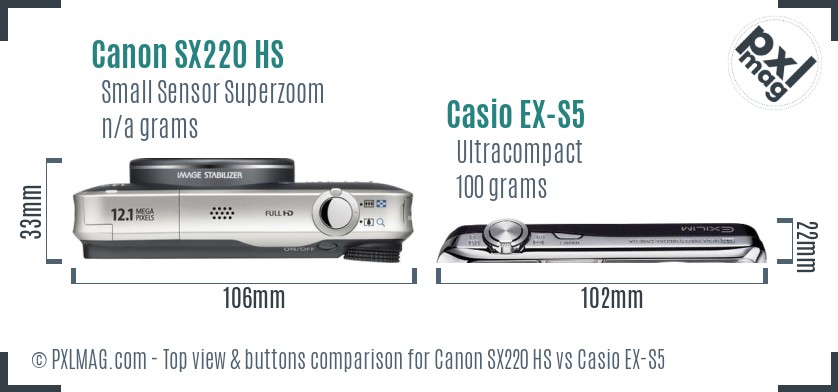 Canon SX220 HS vs Casio EX-S5 top view buttons comparison