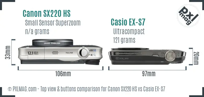 Canon SX220 HS vs Casio EX-S7 top view buttons comparison