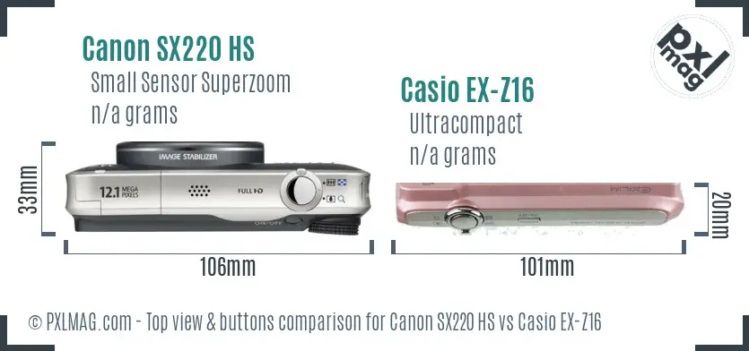 Canon SX220 HS vs Casio EX-Z16 top view buttons comparison Canon SX220 HS vs Casio EX-Z16 top view buttons comparison