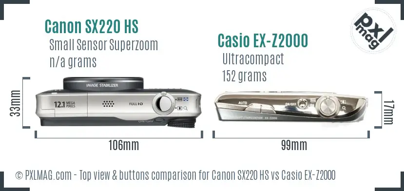 Canon SX220 HS vs Casio EX-Z2000 top view buttons comparison Canon SX220 HS vs Casio EX-Z2000 top view buttons comparison